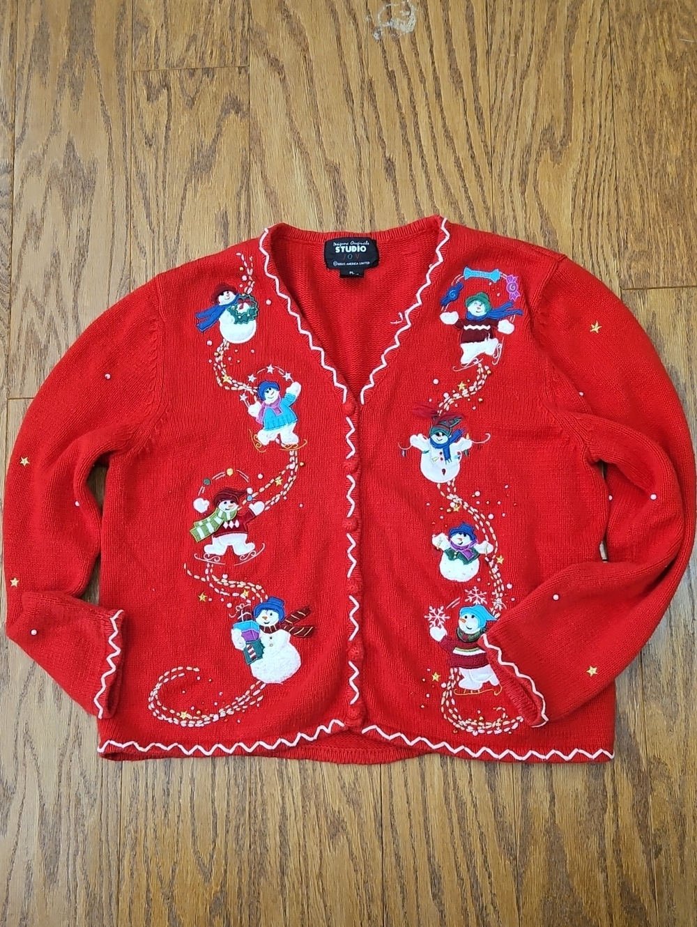Vintage Designers Originals Studio Joy Snowman Christmas Cardigan Sweater Red PL